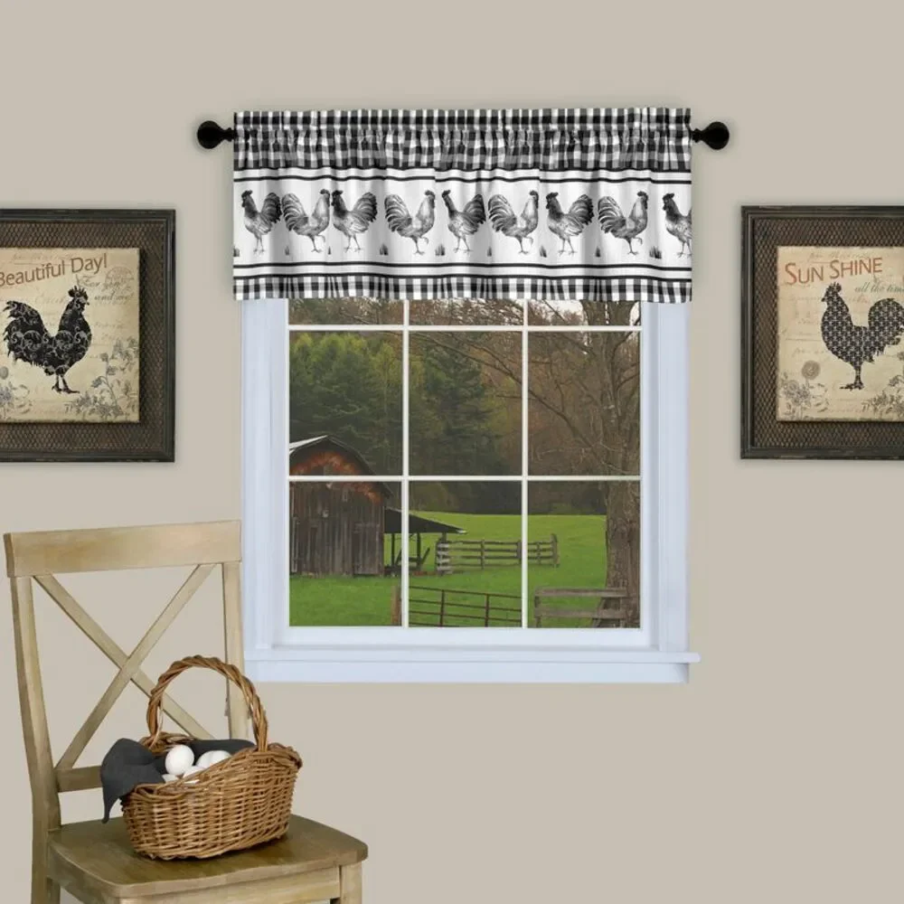 PowerSellerUSA Roosters and Check Design Window Kitchen Valance, 58W x 14L